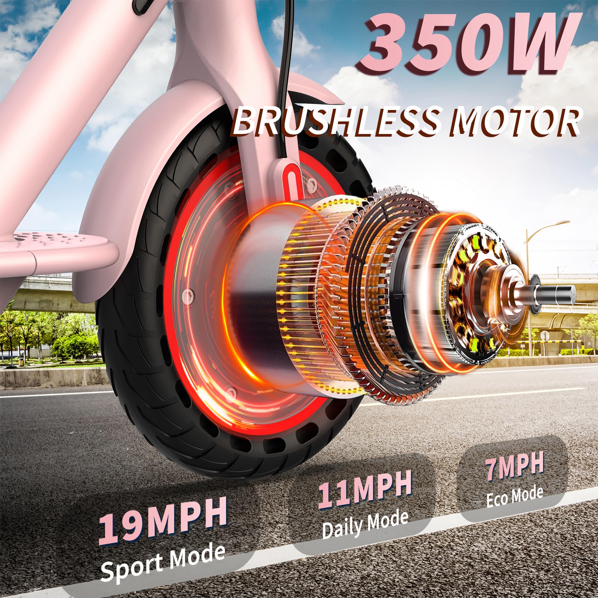 Roinside Electric Scooter - 8.5" Solid Tires, 350W Motor, Up to 19 MPH and 15 Miles Long-Range Commuting Foldable Scooter for Adults with Dual Braking System and Smart App, Pink