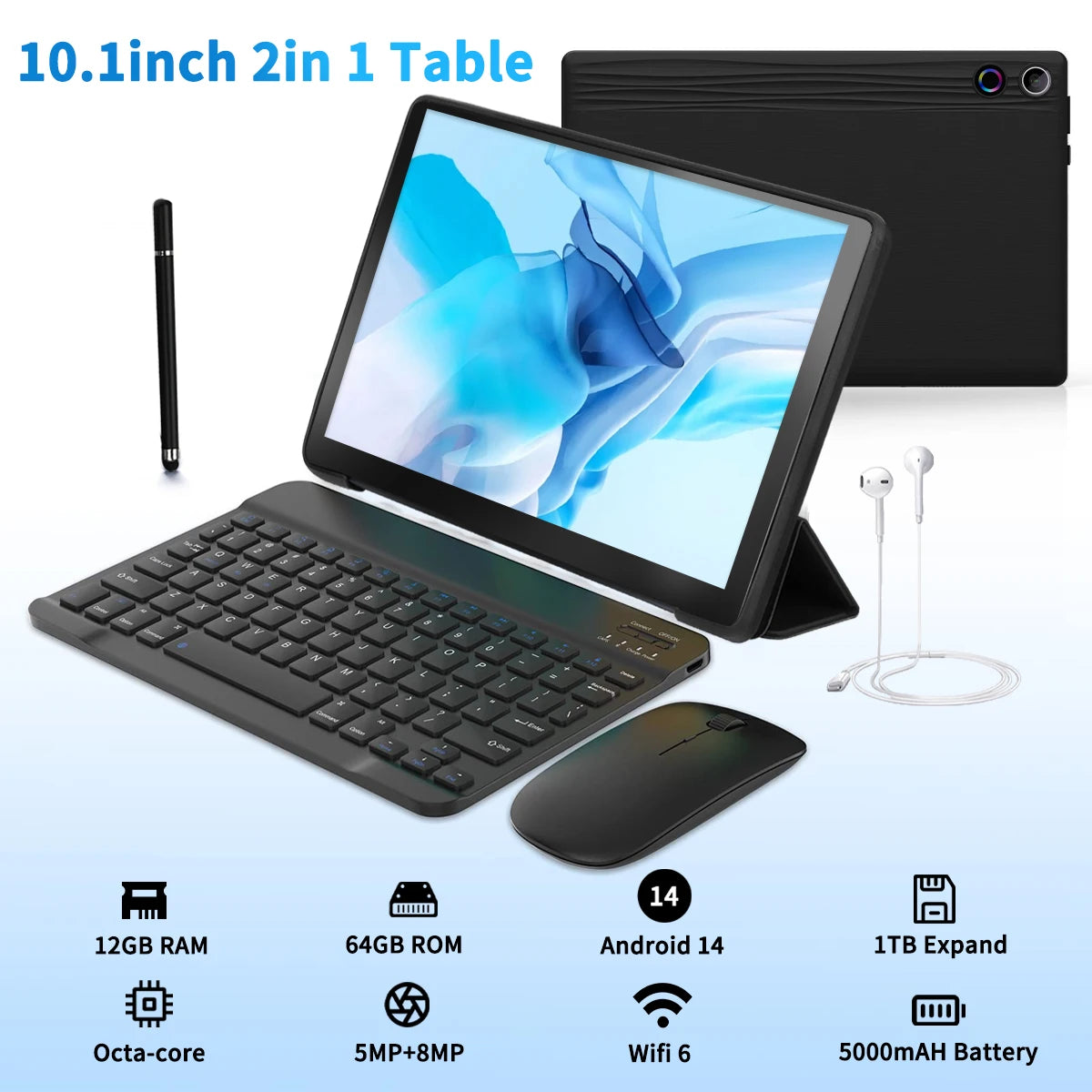 A10L 10Inch Tablet Android 14 12GB RAM 64GB ROM 1TB Expand WiFi6 Face Unlock HD IPS Screen Keyboard Mouse Stylus For PC Pad Gift