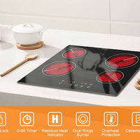 Ceramic Hob 60cm, Karinear Ceramic Glass Cooktop 4 Zones, 6000W Built-in, 220-240V, No Plug, Safety Lock, Timer, Touch Control