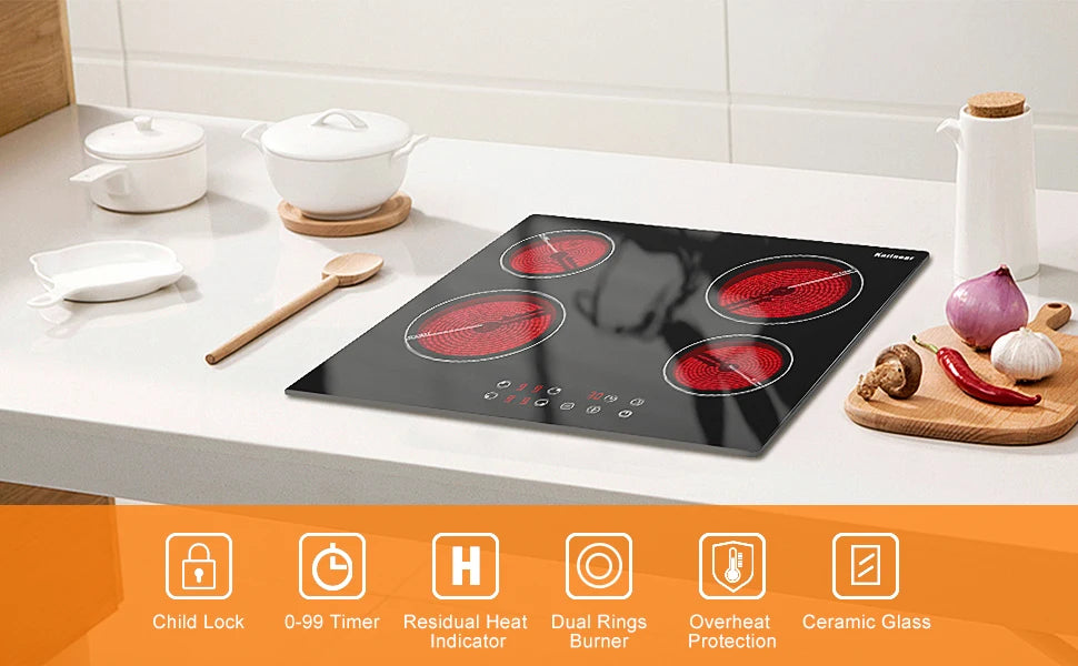 Ceramic Hob 60cm, Karinear Ceramic Glass Cooktop 4 Zones, 6000W Built-in, 220-240V, No Plug, Safety Lock, Timer, Touch Control