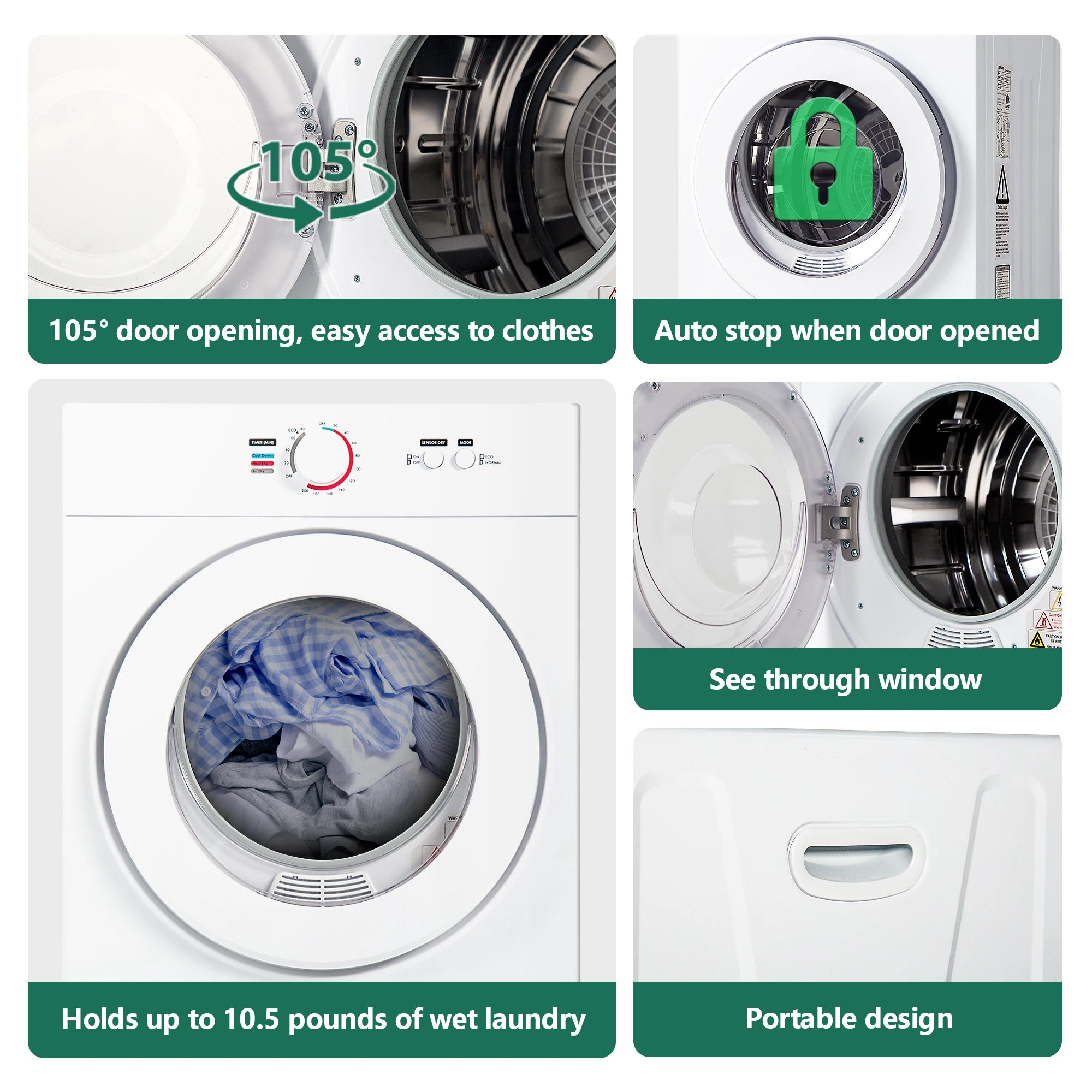 ICYGLEE Compact Dryer 1.8 cu. ft. Portable Clothes Dryers Four Function Small Dryer Machine Suitable for Apartments Dorm RVs