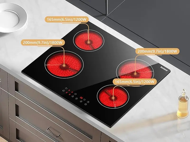 Ceramic Hob 60cm, Karinear Ceramic Glass Cooktop 4 Zones, 6000W Built-in, 220-240V, No Plug, Safety Lock, Timer, Touch Control