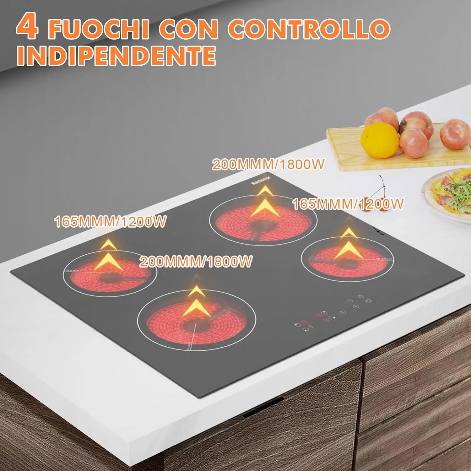 Ceramic Hob 60cm, Karinear Ceramic Glass Cooktop 4 Zones, 6000W Built-in, 220-240V, No Plug, Safety Lock, Timer, Touch Control