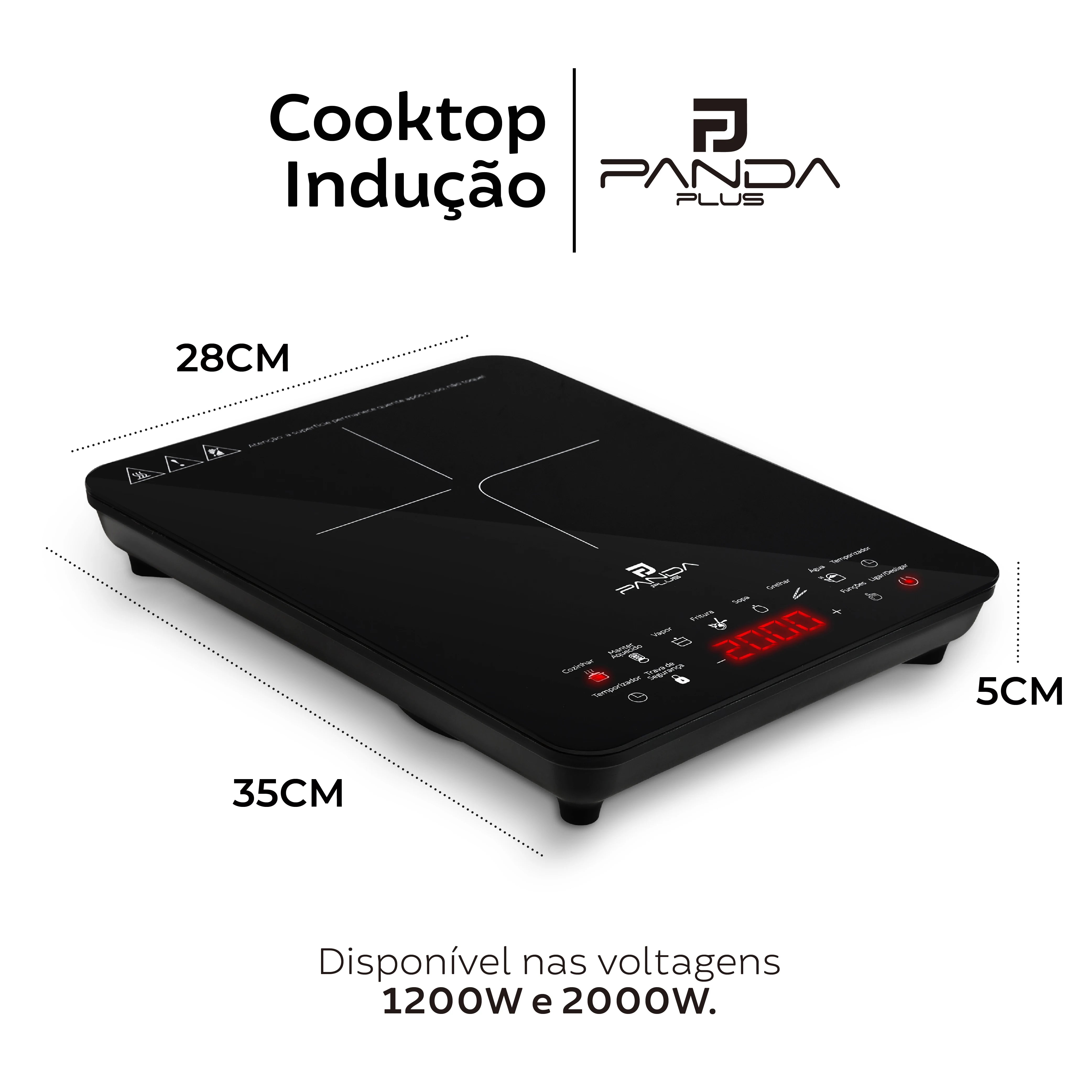 Cooktop Induction 1 Mouth Portable PandaPlus 2000W 220V Touch 8 Levels Power Temperature Safety Lock Glass Timer