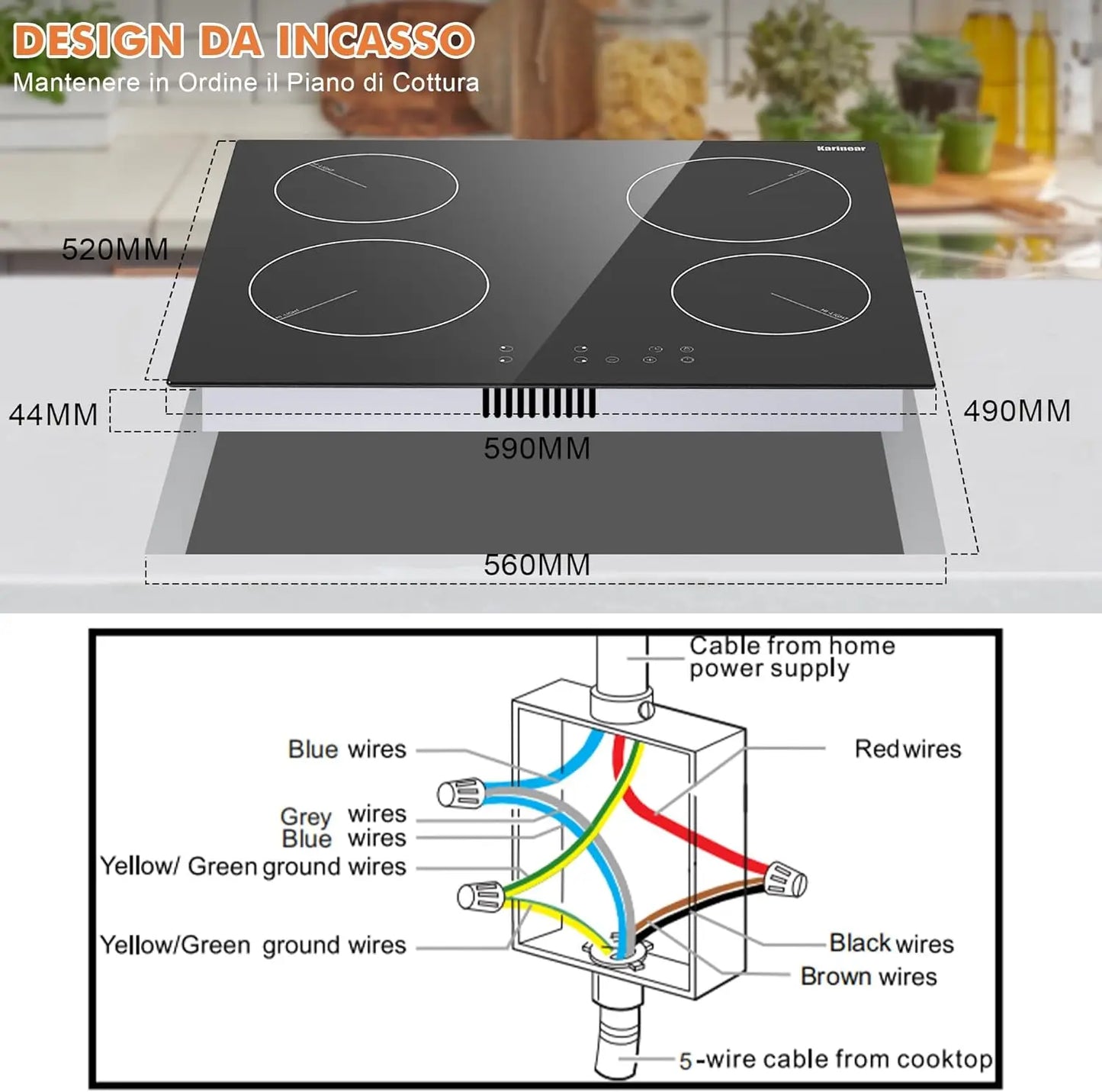 Ceramic Hob 60cm, Karinear Ceramic Glass Cooktop 4 Zones, 6000W Built-in, 220-240V, No Plug, Safety Lock, Timer, Touch Control