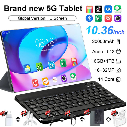 Global Version10.36inch New 5G Tablet Android 16GB RAM 1TB ROM 20000mAh 14core Android 13.0 Dual Sim Card Dual Camera 16MP 32MP WiFi Network Bluetooth Type-c PC GPS WPS