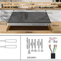 Ceramic Hob 60cm, Karinear Ceramic Glass Cooktop 4 Zones, 6000W Built-in, 220-240V, No Plug, Safety Lock, Timer, Touch Control