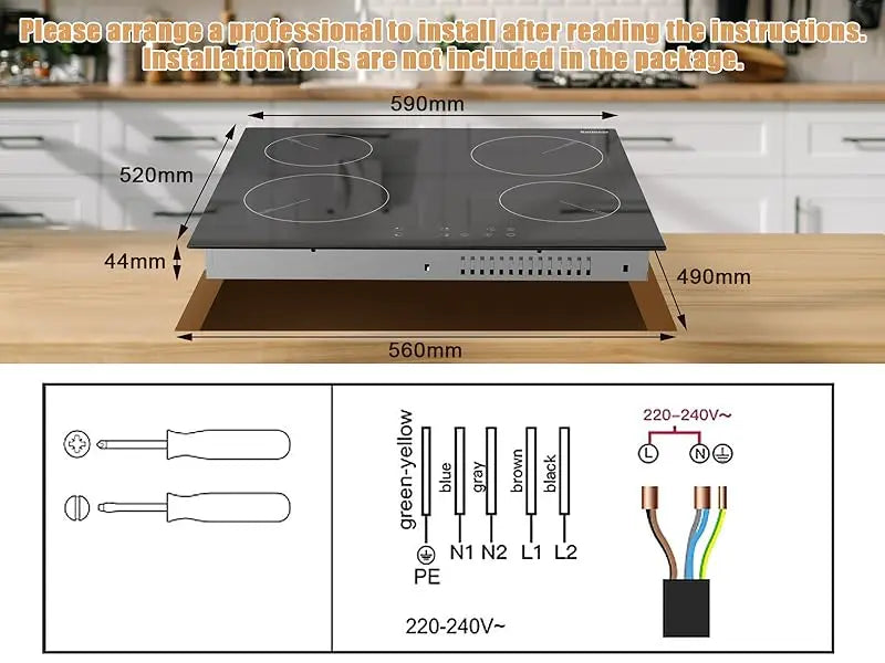 Ceramic Hob 60cm, Karinear Ceramic Glass Cooktop 4 Zones, 6000W Built-in, 220-240V, No Plug, Safety Lock, Timer, Touch Control