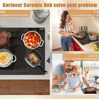Ceramic Hob 60cm, Karinear Ceramic Glass Cooktop 4 Zones, 6000W Built-in, 220-240V, No Plug, Safety Lock, Timer, Touch Control
