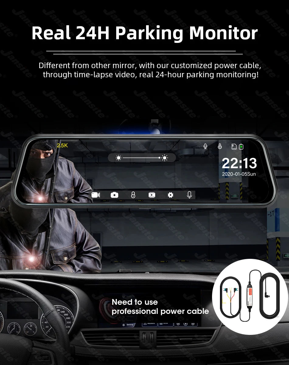 Jansite 10-inch 2.5K+1080P Car DVR Touch Screen Video Recorder Dual Lens Rear view Mirror Dash Cam Rear Camera Voice Control