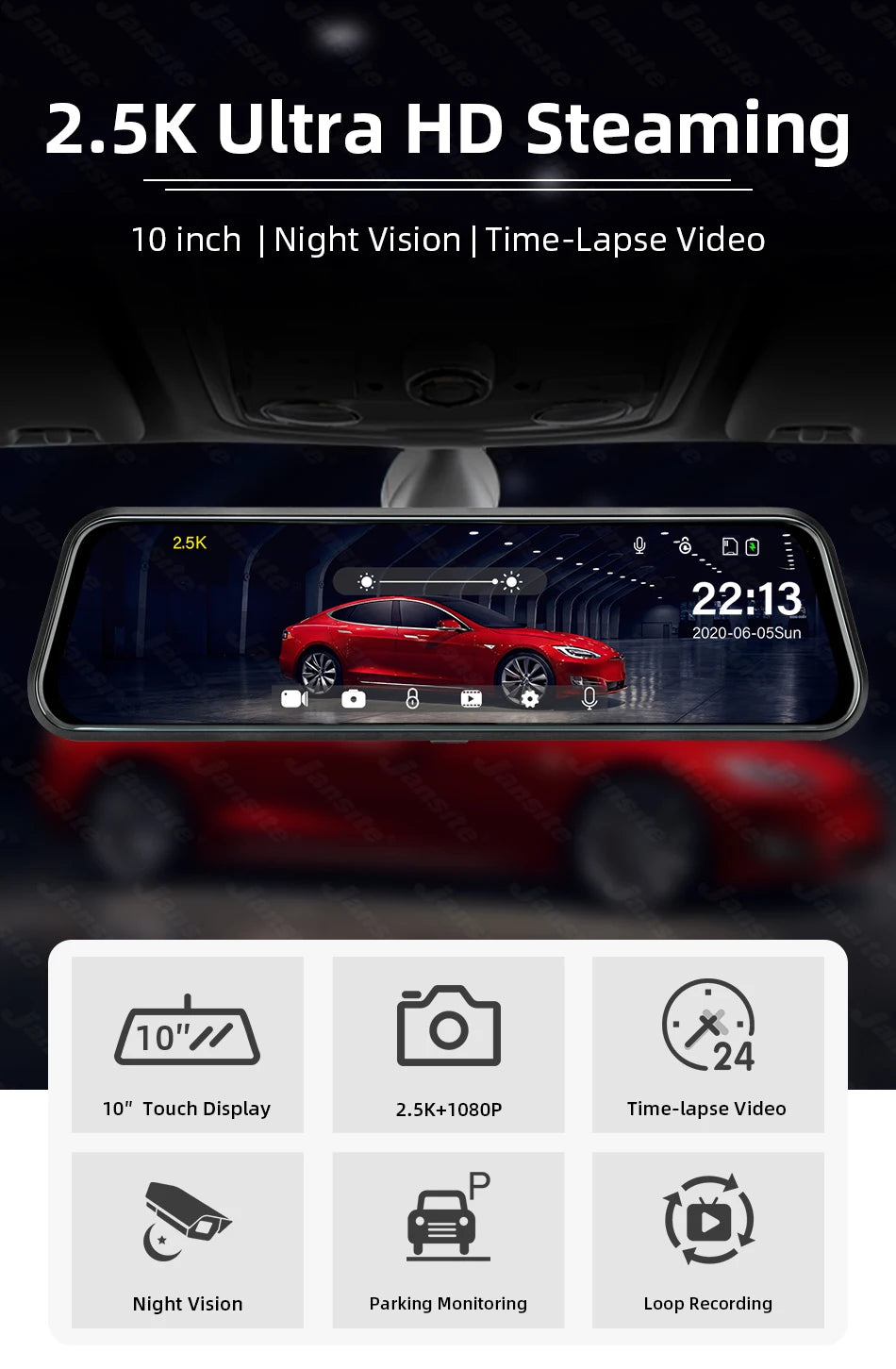 Jansite 10-inch 2.5K+1080P Car DVR Touch Screen Video Recorder Dual Lens Rear view Mirror Dash Cam Rear Camera Voice Control