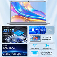 14" Laptop Computer 8GB RAM 256GB SSD Intel J3710 FHD IPS Display Fingerprint Wi-Fi 5 Windows 11 Laptop Business