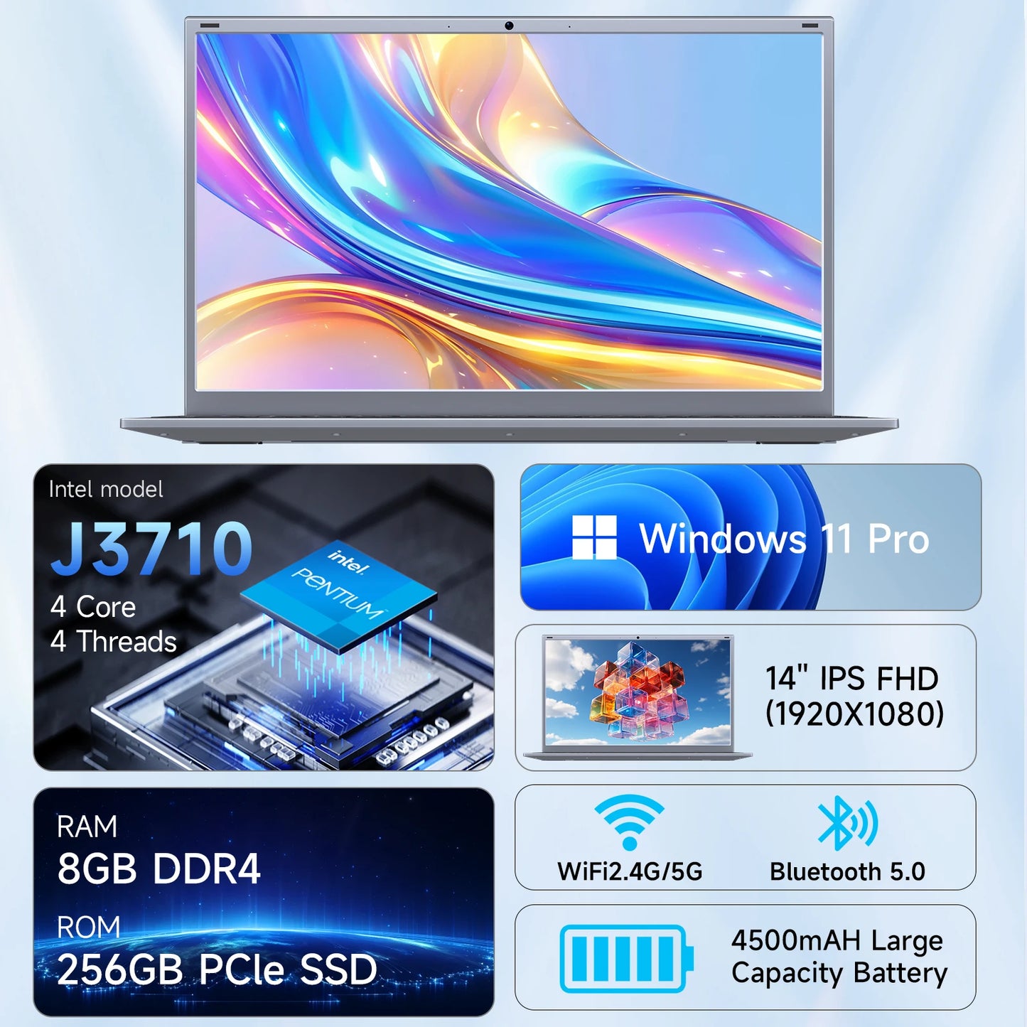 14" Laptop Computer 8GB RAM 256GB SSD Intel J3710 FHD IPS Display Fingerprint Wi-Fi 5 Windows 11 Laptop Business