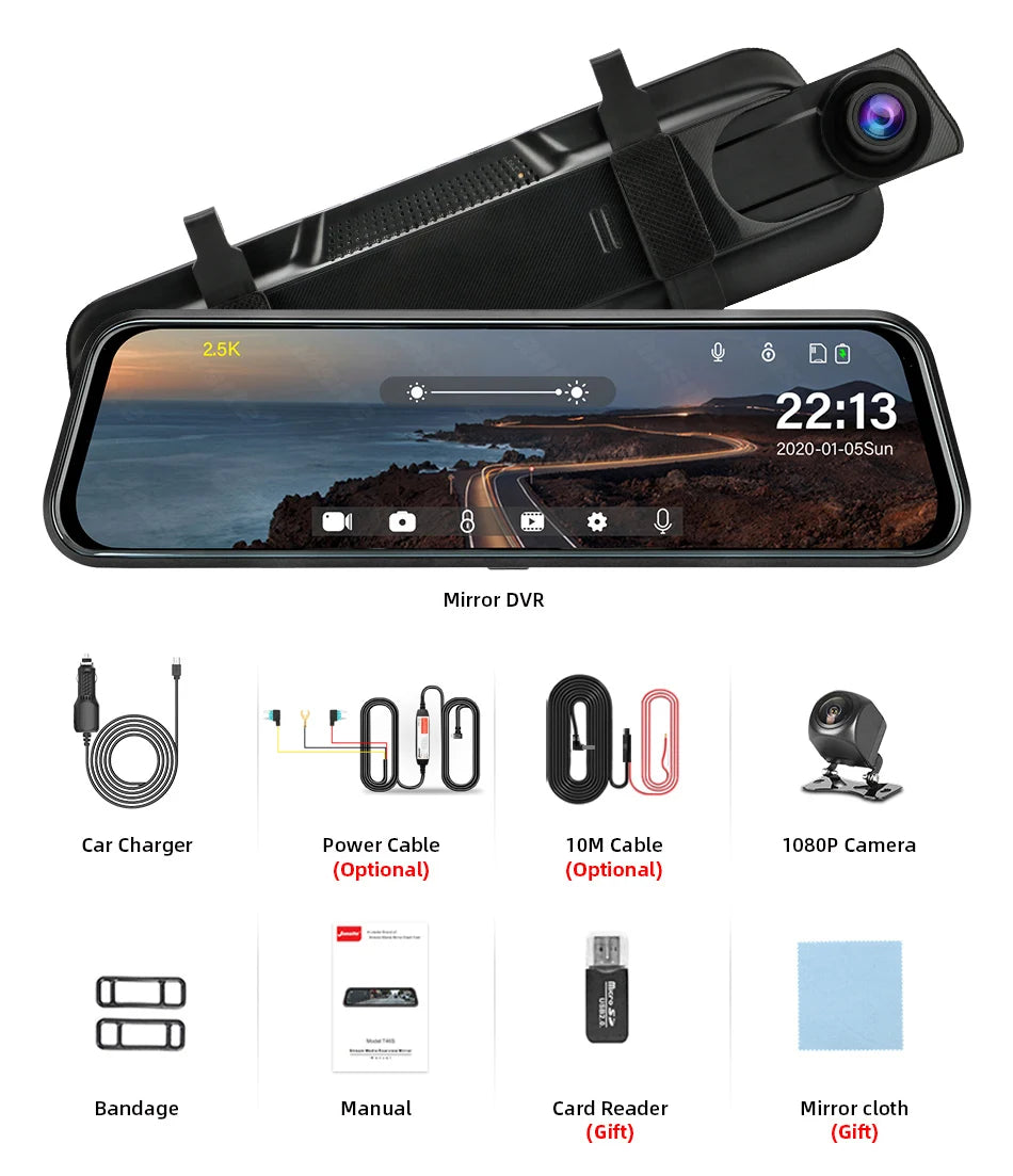 Jansite 10-inch 2.5K+1080P Car DVR Touch Screen Video Recorder Dual Lens Rear view Mirror Dash Cam Rear Camera Voice Control