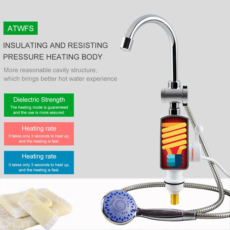 ATWFS Electric Fast Instant Water Heater Tap Bathroom Heaters Instant Hot Water Shower Faucet Heating With Temperature Display