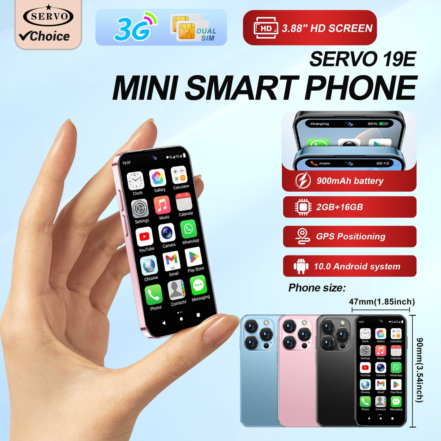 SERVO 19E 3G WCDMA Mini Smart Phone 3.88"Display 2 SIM Android 10.0 16GB ROM Face Recognition GPS Android Smart Cellphone TYPE-C