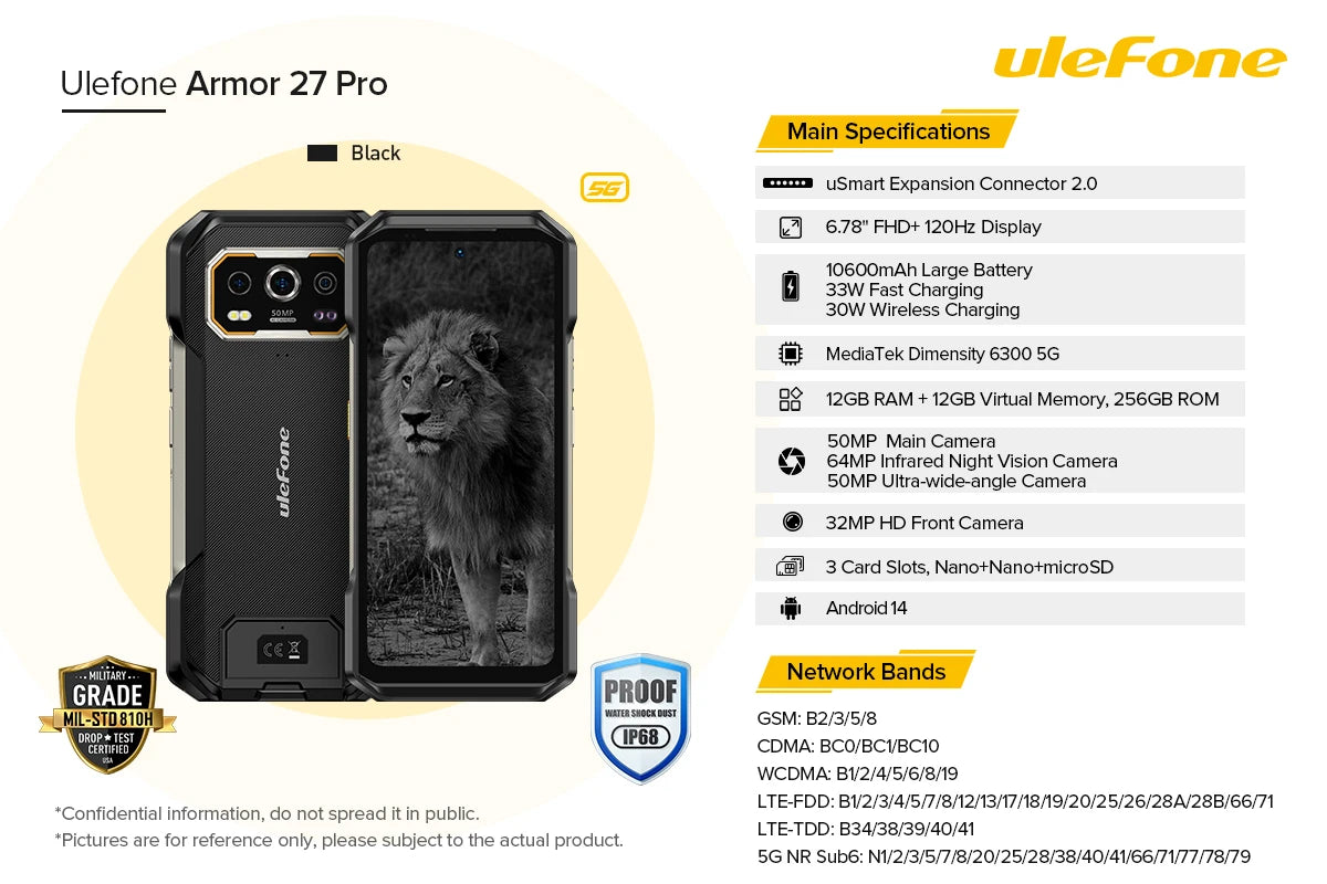 Ulefone Armor 27 Pro 5G Rugged Phone 10600mAh Smartphone 50MP Camera 64MP Night Android 14 Up to 24GB+256GB NFC Waterproof Phone