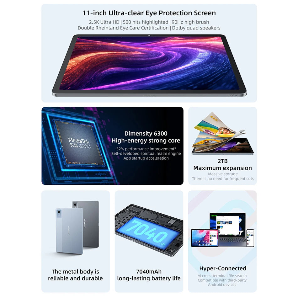 Global ROM Lenovo Xiaoxin Pad 2025 11'' Tablet 128GB 256GB ROM MTK Dimensity 6300 2.5K Display 7040mAh Battery Dolby Atmos