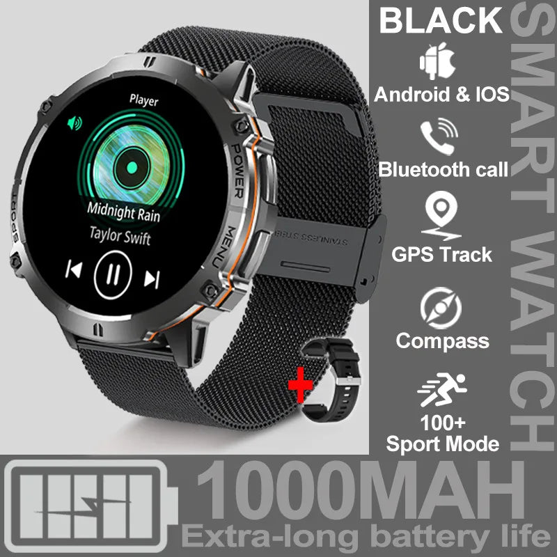 NEW 1000MAH Super endurance Sport Smart Watch Men 1.73-inch HD Screen GPS tracker Compass Bluetooth Call Waterproof Smart Watch