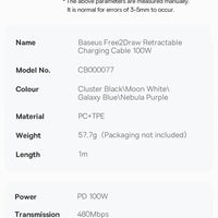 Baseus USB C Cable 100W  for iPhone 16 15 Plus Pro Max Retractable Cable For MacBook iPad Fast Charger Cable Charger Data Wire