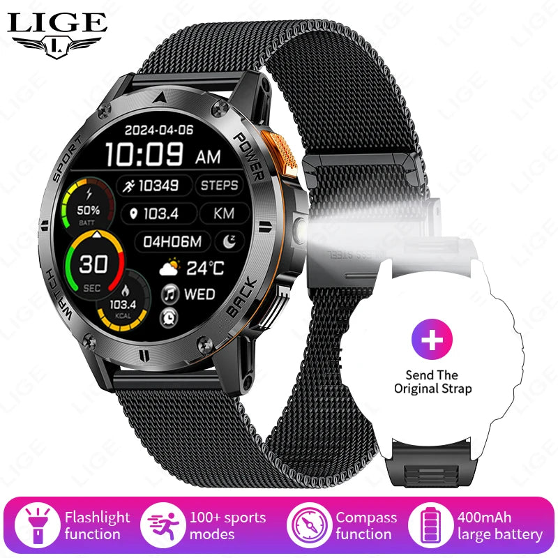 LIGE Outdoor Military Smart Watch Men 1.53" AMOLED Screen GPS trackr Waterproof Bluetooth Call Sports Braceletes For Android IOS