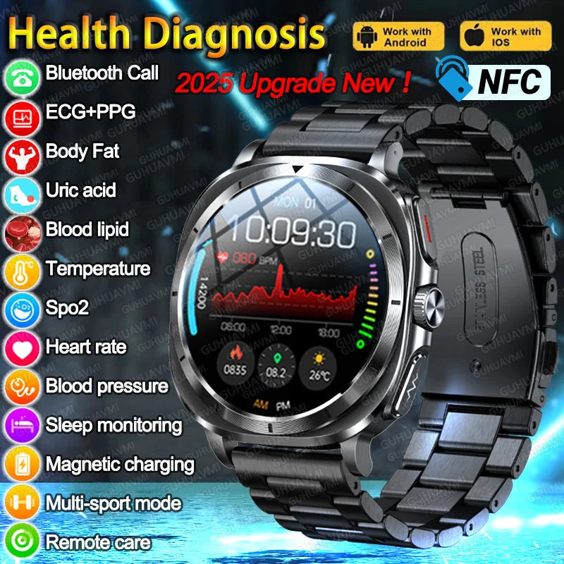 2025 New Precise Blood Lipids Uric Acid Smart Watch Men ECG+PPG Clock Blood pressure Body analysis HD Call NFC Health Smartwatch
