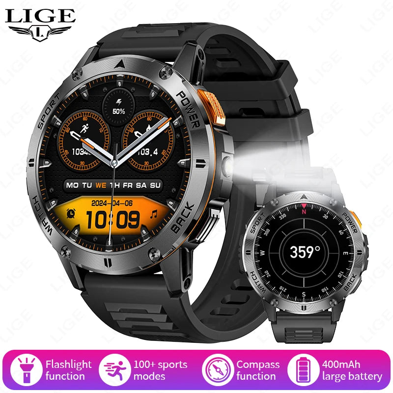 LIGE Outdoor Military Smart Watch Men 1.53" AMOLED Screen GPS trackr Waterproof Bluetooth Call Sports Braceletes For Android IOS