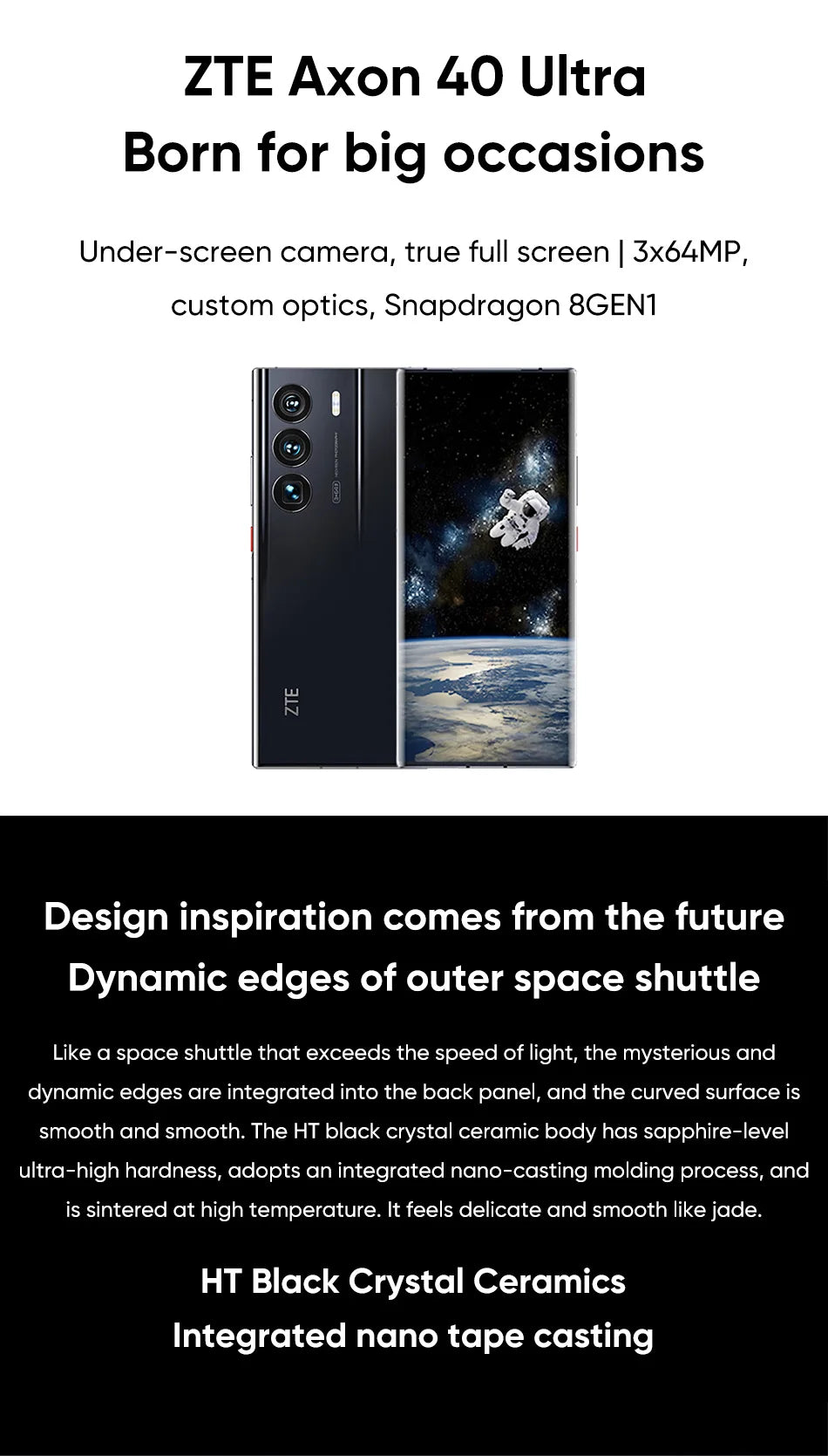 ZTE Axon 40 Ultra Space Edition 5G China Rom Smartphone with UDC Technology Snapdragon 8Gen1 6.8-inch 120Hz AMOLED Display