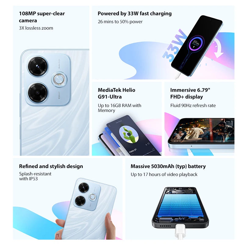 Global Version Xiaomi Redmi 13X Smartphone MTK Helio G91 Ultra 108MP super clear camera 6.79" FHD+ display 33W fast charging