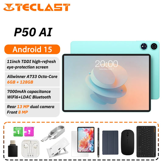 Teclast P50 Ai Tablet Allwinner A733 Octa-Core 11inch TDDI Screen 6GB RAM 128GB ROM Android15 WiFi6 7000mAh Dual Type-C Charging