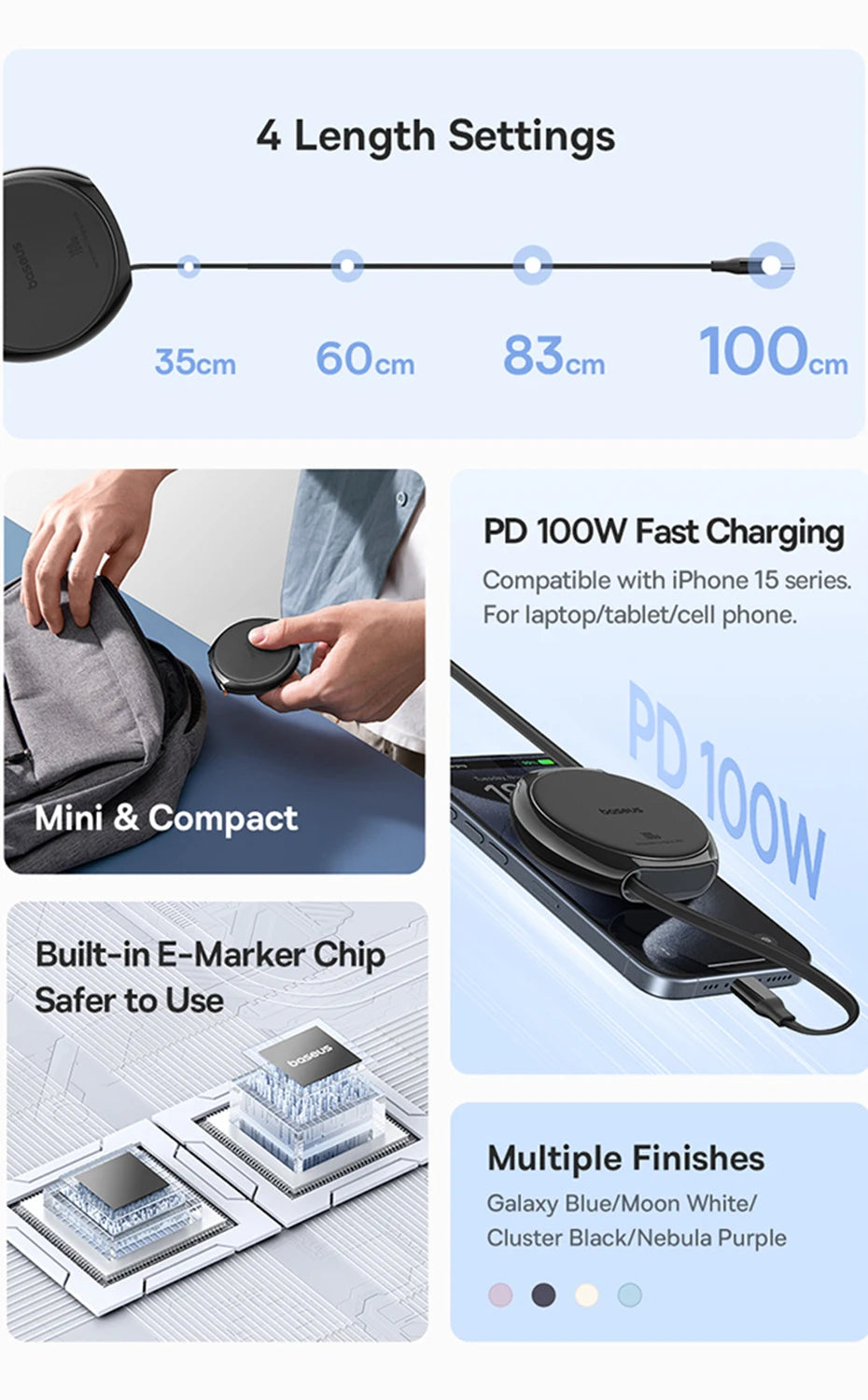 Baseus USB C Cable 100W  for iPhone 16 15 Plus Pro Max Retractable Cable For MacBook iPad Fast Charger Cable Charger Data Wire
