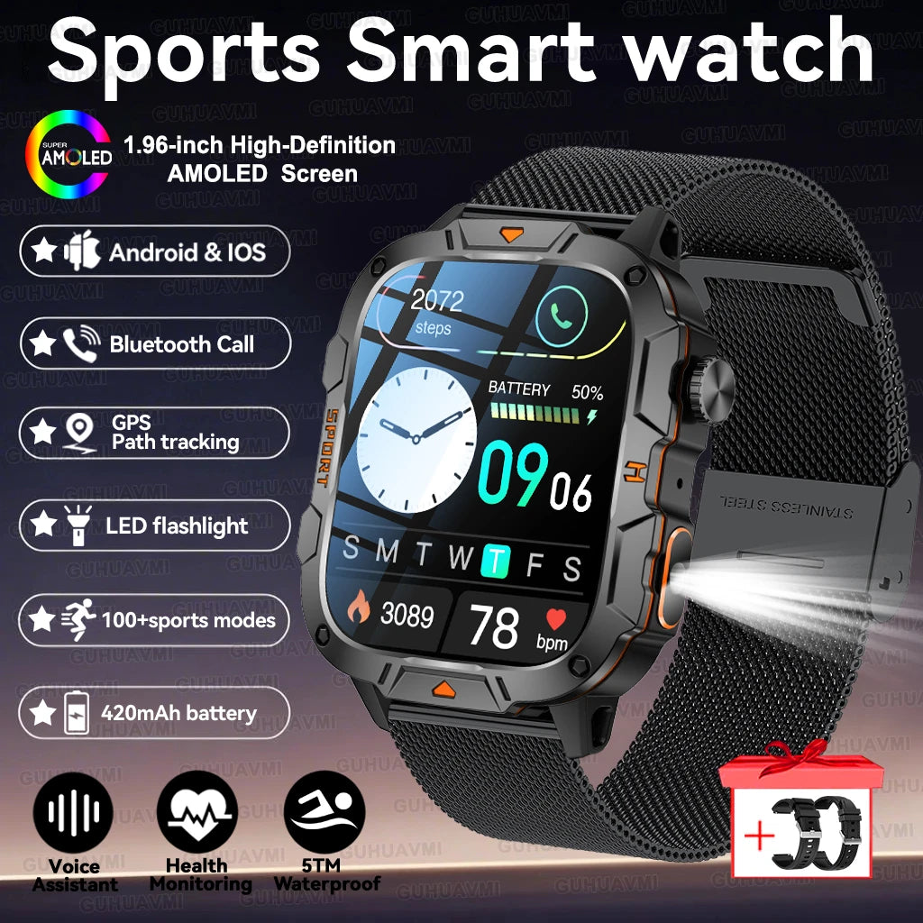 2025New Rugged Military GPS Track Smart Watch Men Bluetooth Call 5ATM Waterproof Flashlight Outdoor Sports SmartWatch For Xiaomi