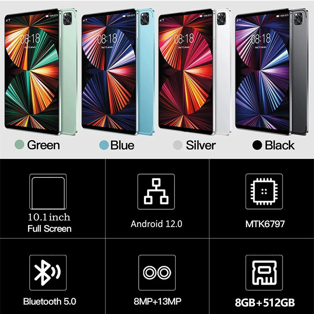 New 10.1 Inch Tablet PC 8GB RAM 512GB ROM 10 Core AI Speed-up Tablets Google Play 4G LTE Phone Call Dual SIM Dual WiFi Android12