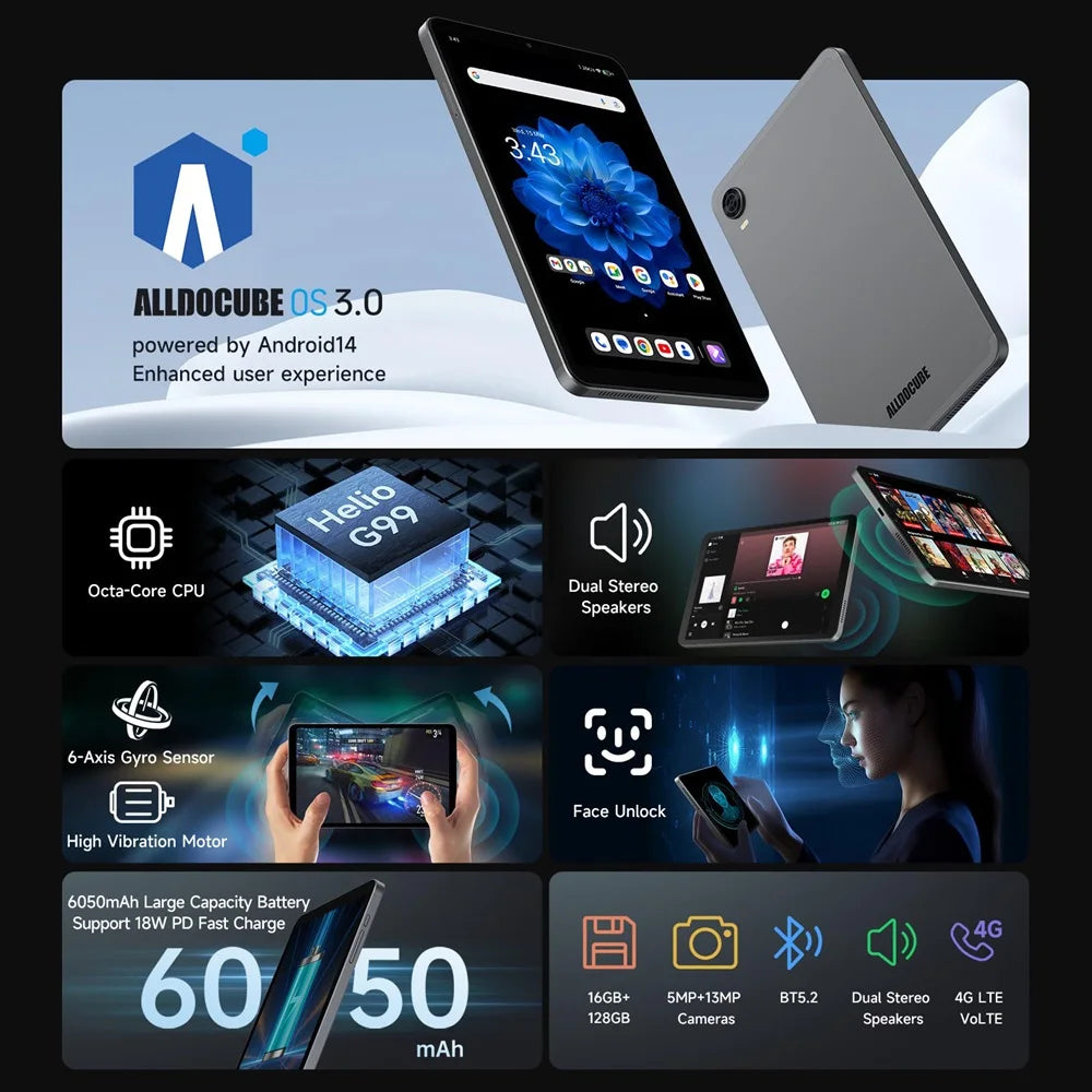 Alldocube iPlay 60 Mini Pro Tablet 8.4inch Android14 16GB(8GB+8GB) RAM 256GB ROM FHD 1920x1200 Dual SIM 4G LTE 6050mAh Battery