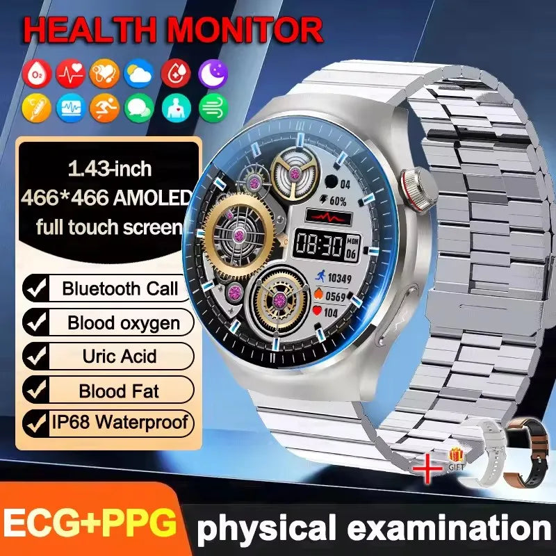2025 New ECG Blood Pressure Blood Oxygen Blood Lipids Uric Acid Heart Rate Temperature Monitor AMOLED Bluetooth Call Smart Watch