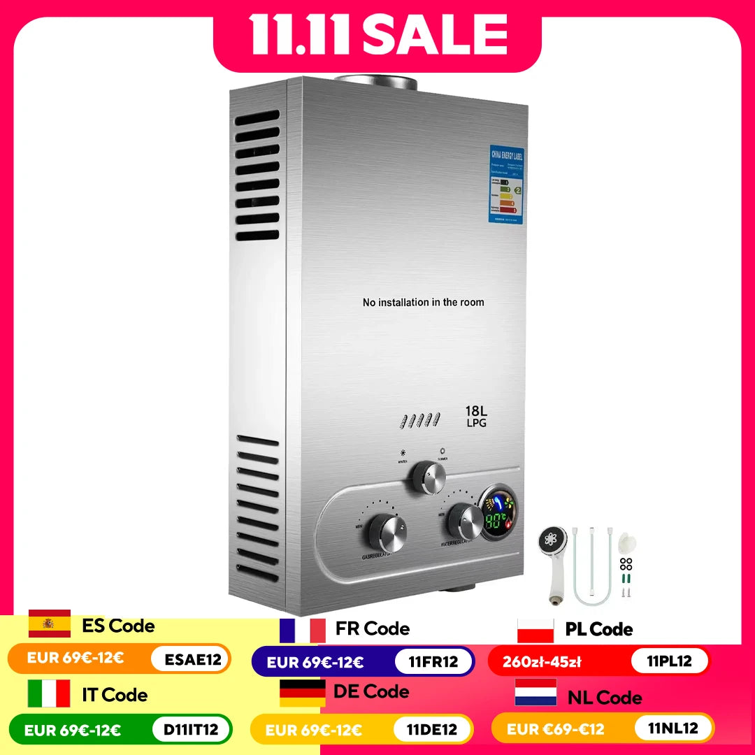 VEVOR 6-18L LPG Gas Hot Water Heater  Propane Tankless Instant Boiler With Shower Kit LPG Water Heater Home Appliance LPG Boiler