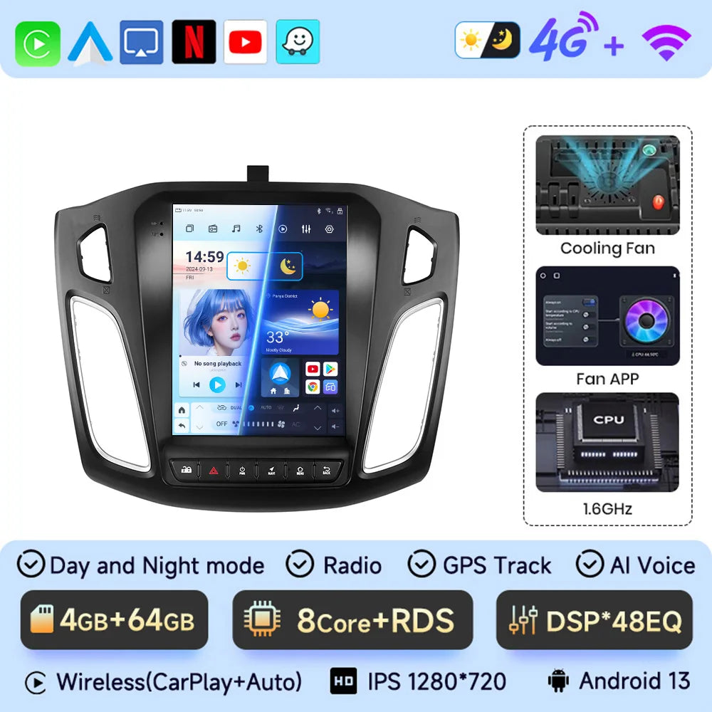 Android 13 Car Radio for Ford Focus Mk3 2011-2017 Multimedia Player 2Din Navigation Carplay Head Unit Stereo 9.7" Speakers Audio