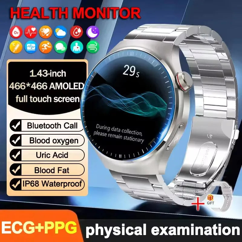 2025 New ECG Blood Pressure Blood Oxygen Blood Lipids Uric Acid Heart Rate Temperature Monitor AMOLED Bluetooth Call Smart Watch