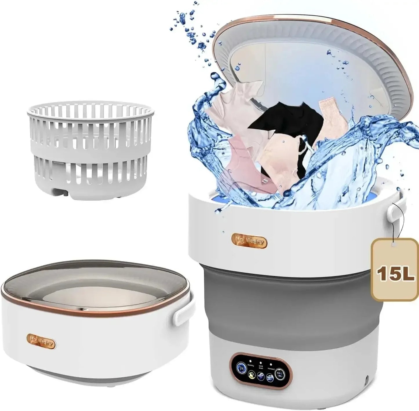 Mini Portable Washer for Underwear Pants & Socks - 15L High-Capacity Foldable Spin Basket with Hidden Drainage Pipe