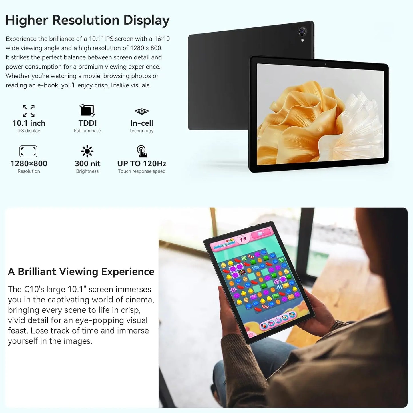 URAO 10 Inch Tablet Android 14 8GB(3+5 Expand) RAM 64GB ROM 1TB Expand 1280x800 IPS Screen 5000MAH Battery Dual Cameras WiFi 6