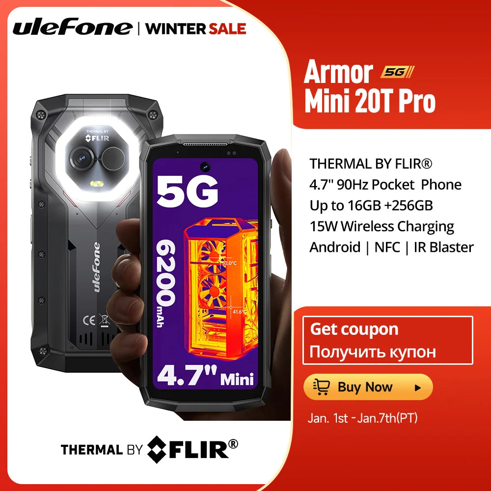 Ulefone Armor Mini 20T Pro 5G  THERMAL BY FLIR® 4.7" Rugged Phone Android 14 Smartphone 256GB ROM Mobile Phone Thermal lmaging