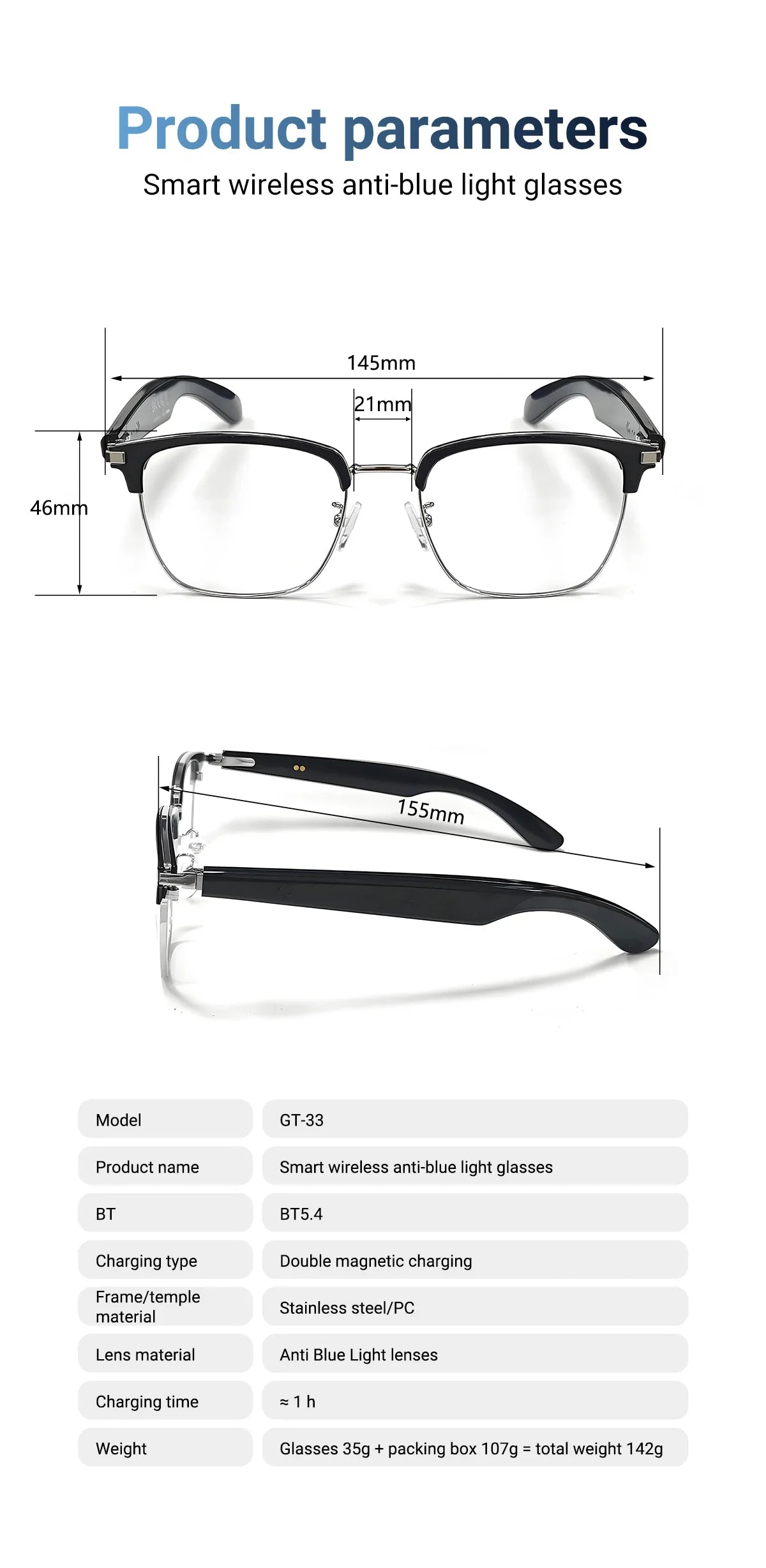 GT-33 smart glasses anti-blue light glassesTranslation Sunglasses Voice Remote Control Music Eyewear Waterproof Eyeglasses