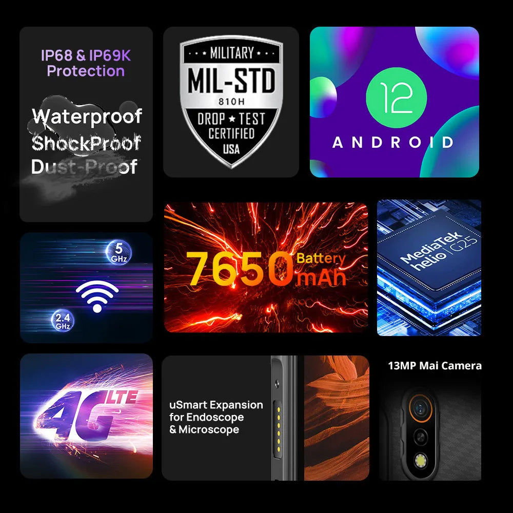 Ulefone Armor Pad Rugged Tablet 4GB RAM 64GB ROM 7650mAh 8.0'' HD+ Display 4G Android 12 Tablet Phone IP68/IP69K 13MP Camera