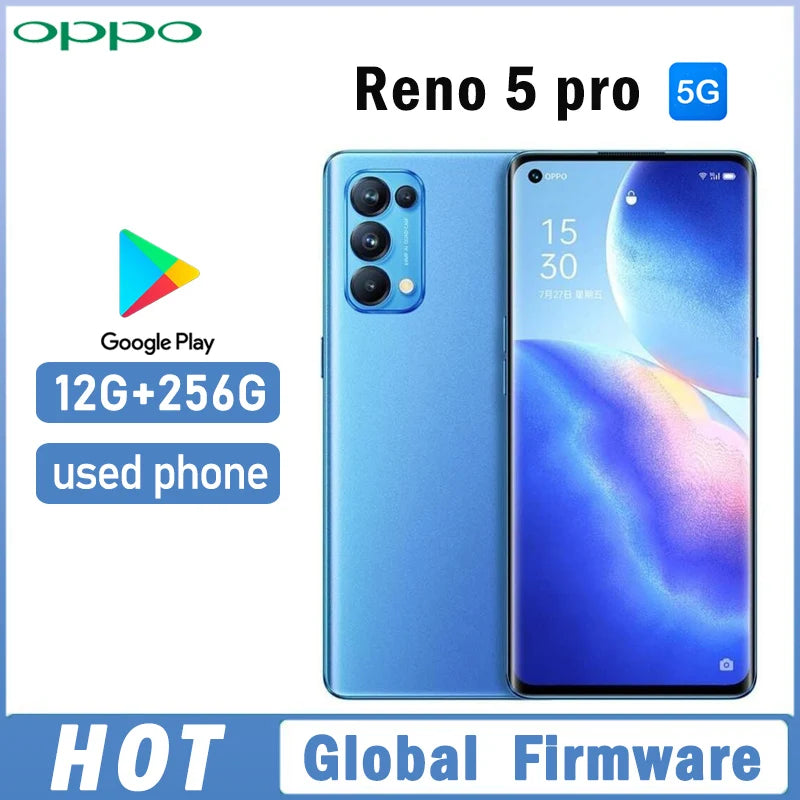 OPPO Reno 5 pro 5G smartphone Global firmware 12GB 256GB 6.55" 64MP Quadruple camera Dimensity 1000+ used phone