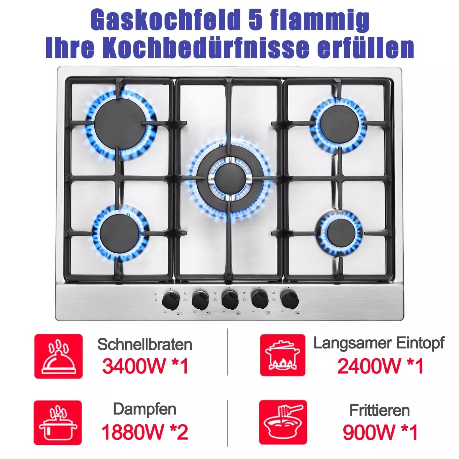 Topstrong 5 Burner Stainless Built-in Natural Gas Propane NG/LPG Gas Hob YYEUGCT-S05