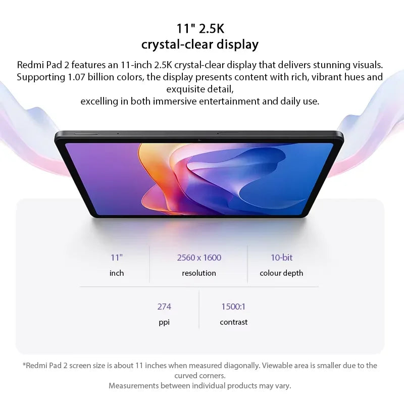 Xiaomi Redmi Pad 2 Global Version 11" 2.5K Crystal-clear Display Advanced Helio G100-Ultra 18W Fast Charging 9000mAh Battery
