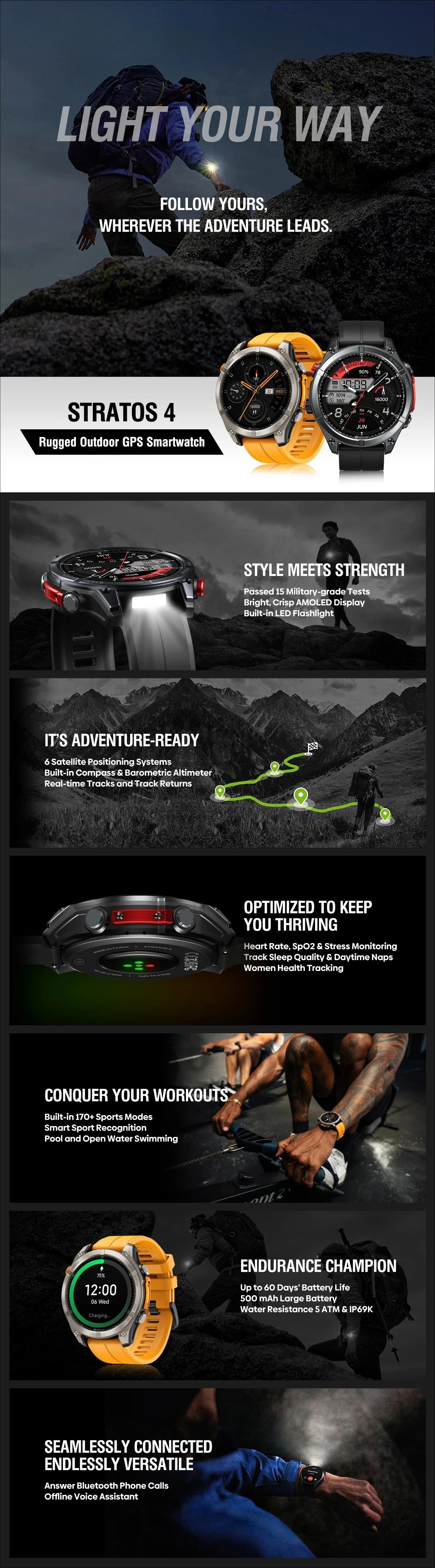 NEW Stratos 4 GPS Smart Watch 1.43 AMOLED Display Built-in Compass Barometric Altimeter Flashlight Voice Call Smartwatch