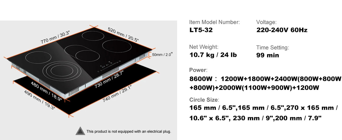 SucceBuy 2/4/5 Burners Built-in Induction Stove Top 12/24/30in Ceramic Glass Electric Cooktop For Household Commercial  Cooking
