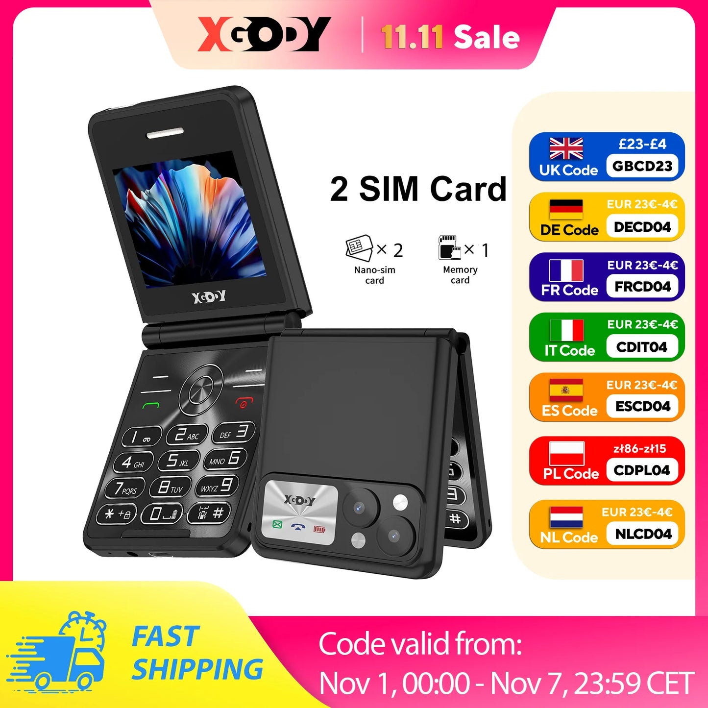 XGODY S200 Mini Smartphones Pocket 2G Dual SIM 2.4 inch Bluetooth Small Mobile Phone 1300mAh Battery Large Button Flip Foldable