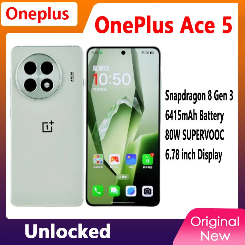 New OnePlus ACE 5 5G Smart Phone  Unlocked Snapdragon 8 Gen 3 6.78'' AMOLED Display Screen 80W SUPERVOOC Charge 6415mAh Battery